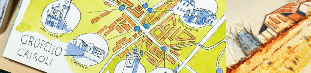 mappa disegnata di gropello cairoli e acquerello di una cascina